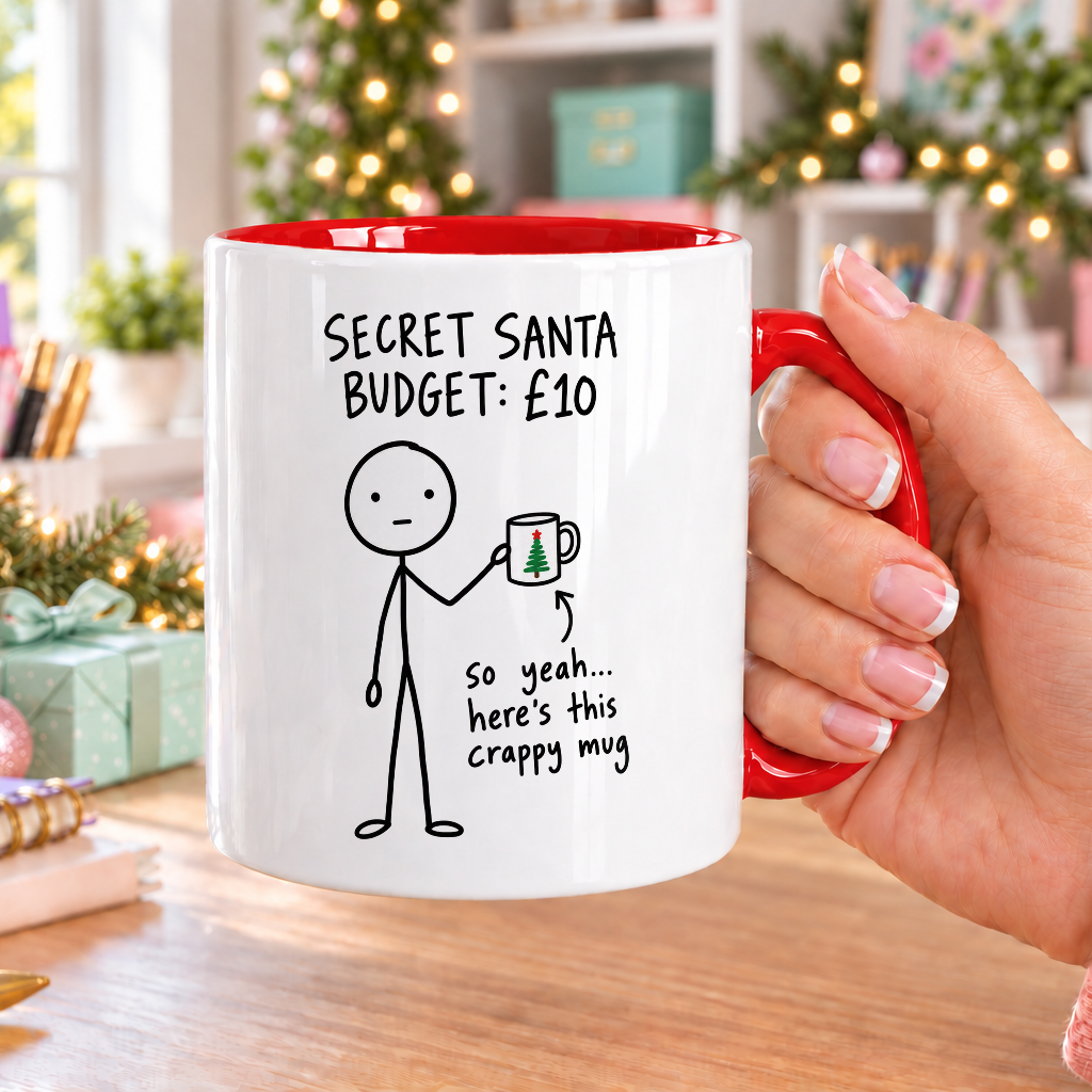 Stick Figure Secret Santa Mug – So Yeah, Here’s This Mug – white mug with red handle and inside