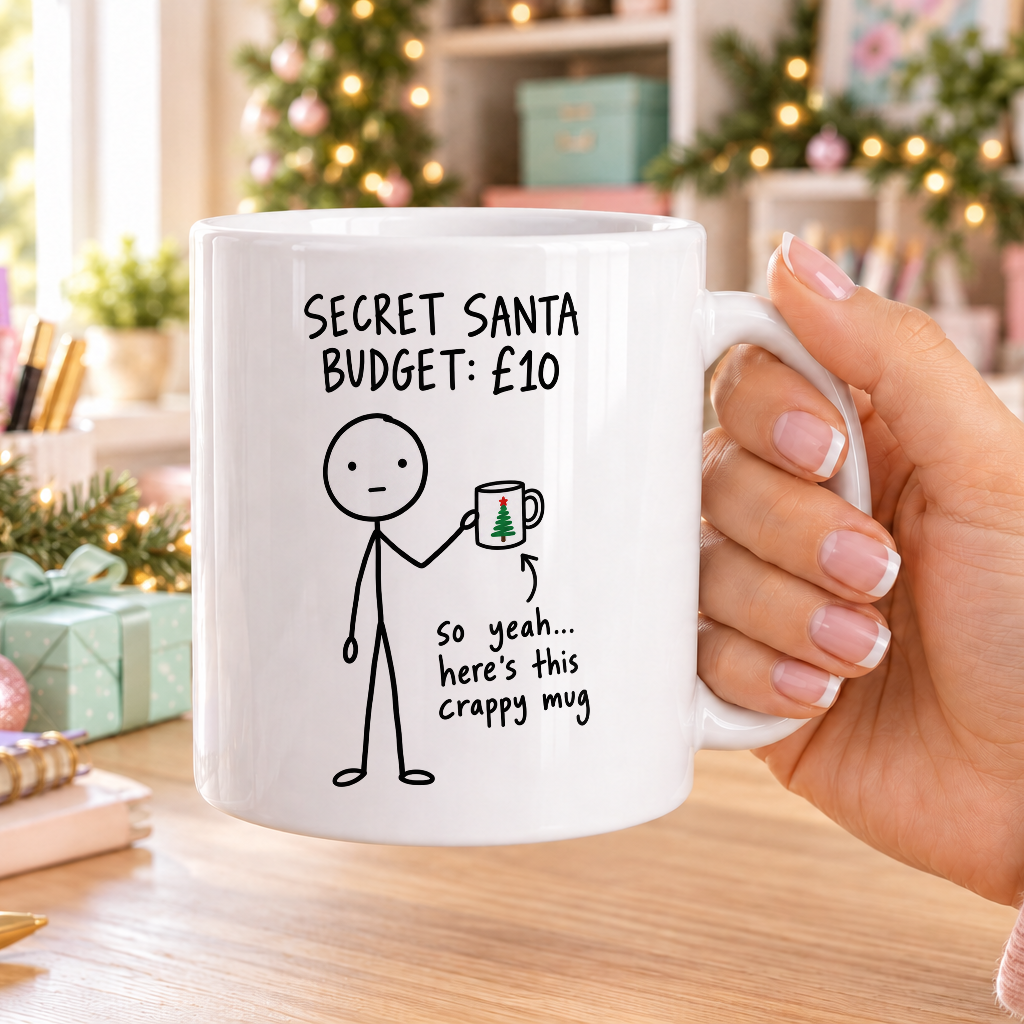 Stick Figure Secret Santa Mug – So Yeah, Here’s This Mug – plain white mug