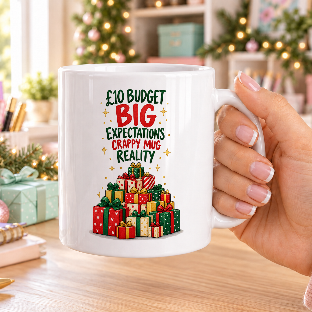 £10 Budget Big Expectations Mug – Crappy Mug Reality – plain white mug