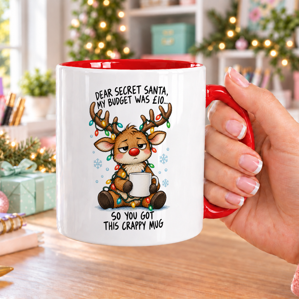 Dear Secret Santa Reindeer Mug – My Budget Was £10 – white mug with red handle and inside