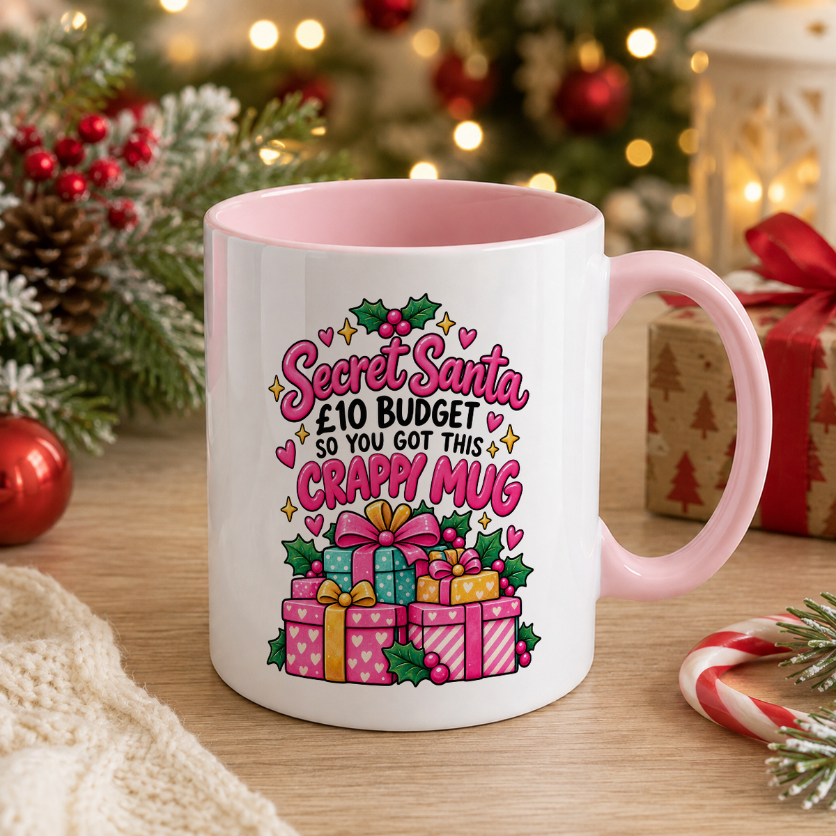 Secret Santa Gift Stack Crappy Mug – £10 Budget – white mug with pink handle and inside