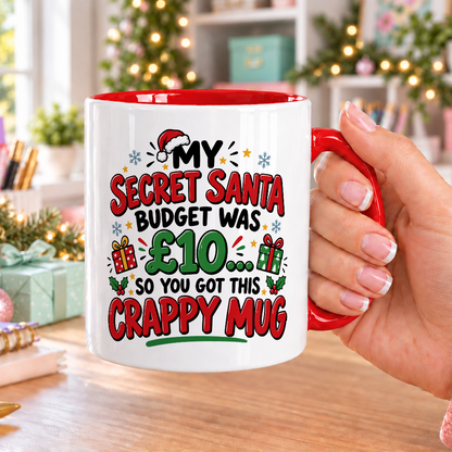 My Secret Santa Budget Was £10 Crappy Mug – white mug with red handle and inside