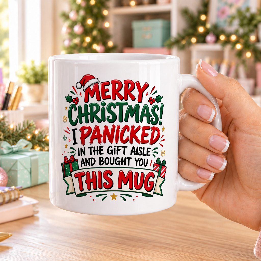 Secret Santa Mug – I Panicked in the Gift Aisle – plain white mug