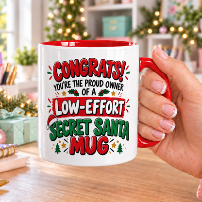 Low-Effort Secret Santa Mug – Congrats – white mug with red handle and inside