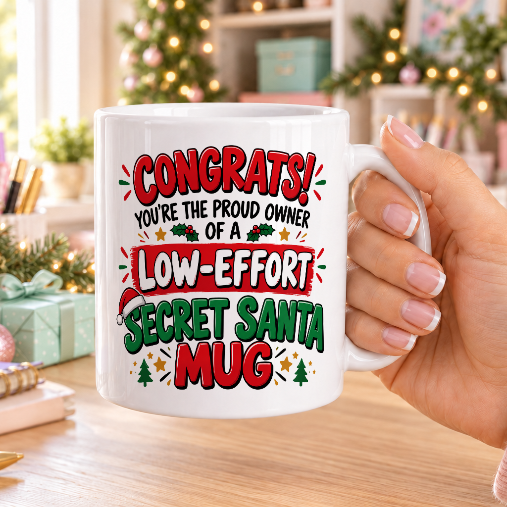 Low-Effort Secret Santa Mug – Congrats – plain white mug