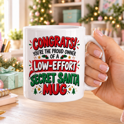 Low-Effort Secret Santa Mug – Congrats – plain white mug