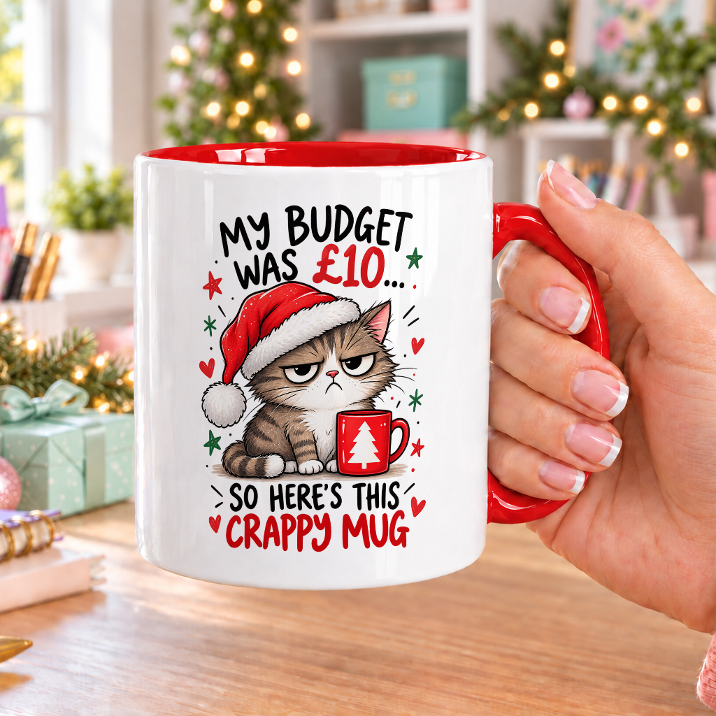 Grumpy Cat’s Christmas Budget Mug – £10 Secret Santa – white mug with red handle and inside