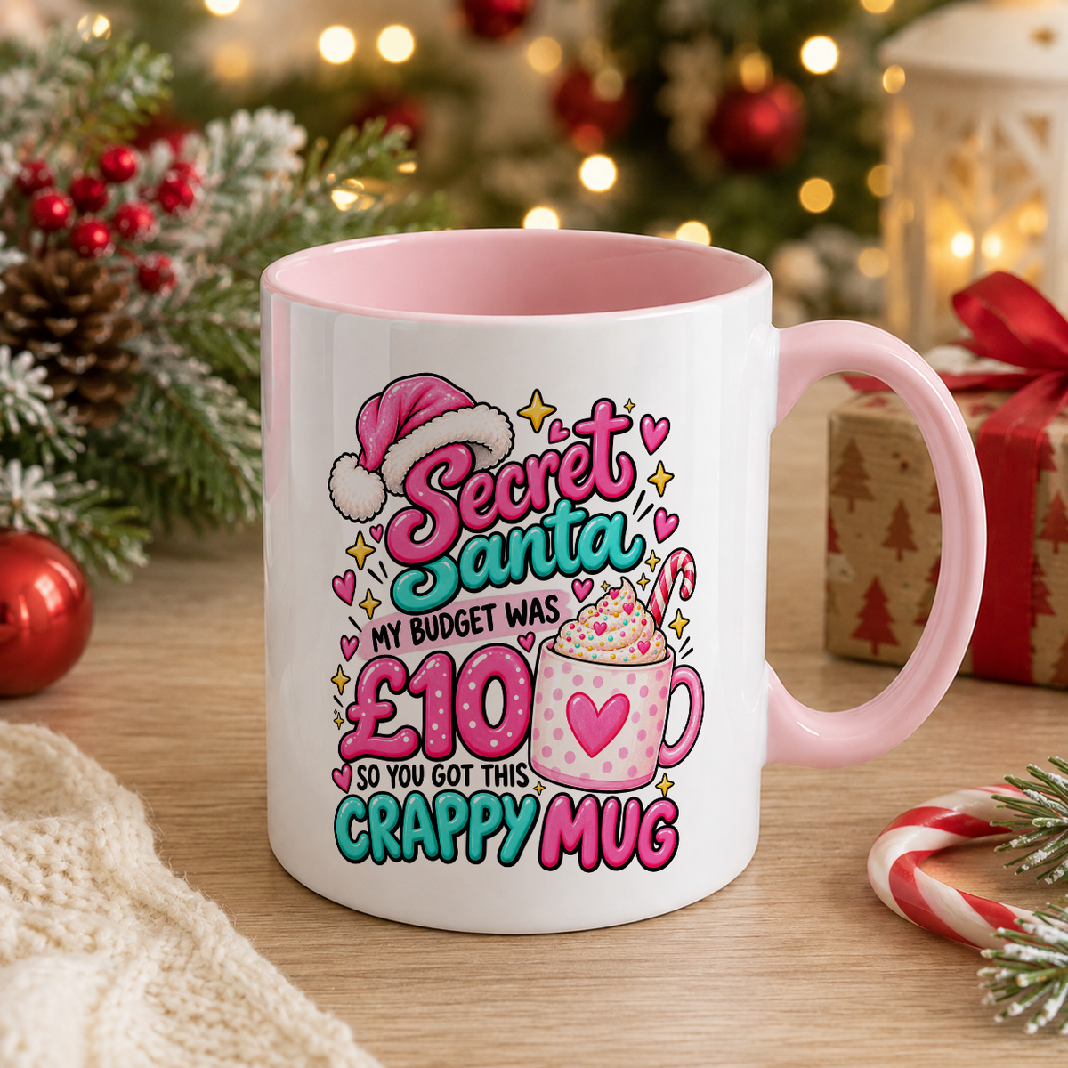Secret Santa Crappy Mug – Pink Hot Chocolate – white mug with pink handle and inside