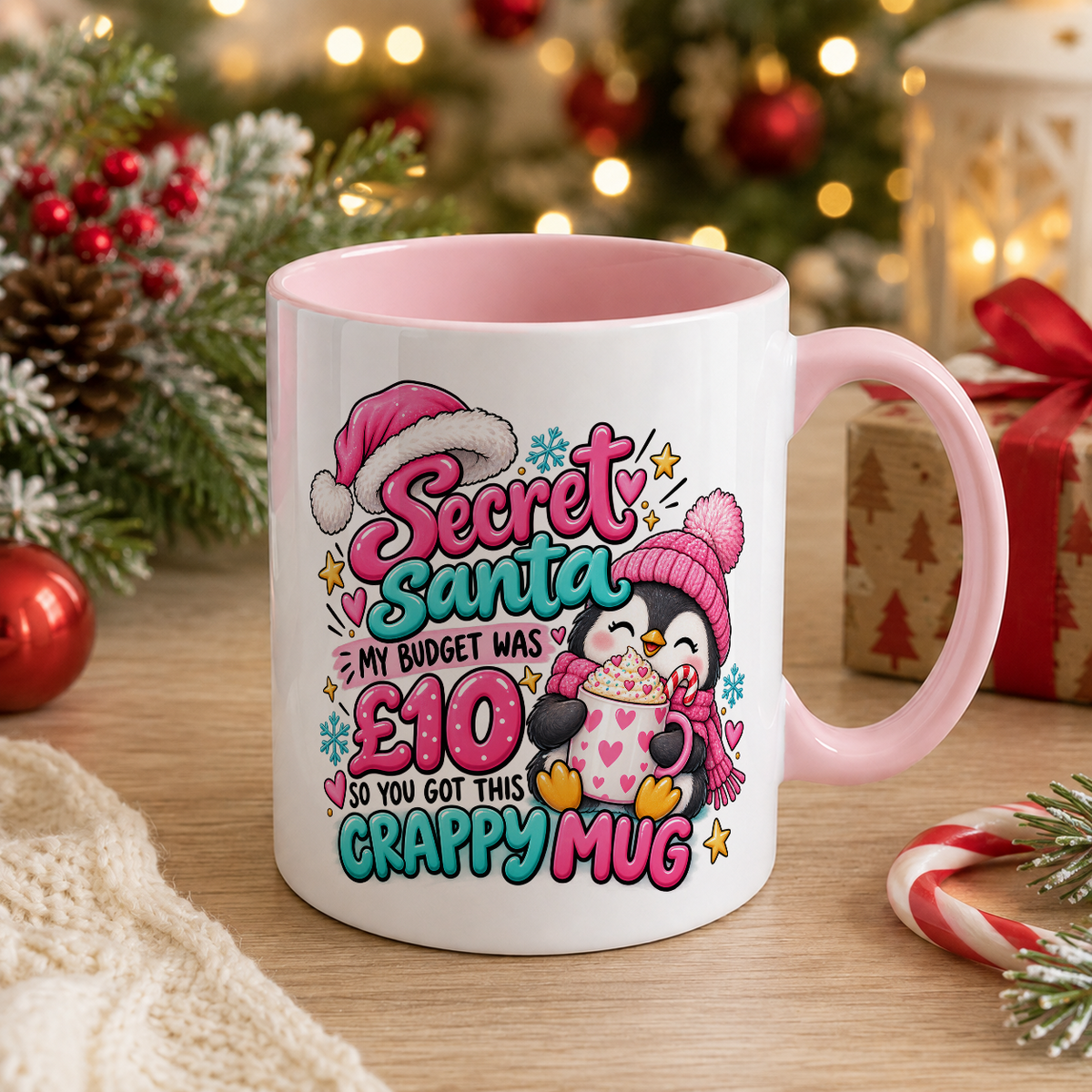 Penguin Secret Santa Crappy Mug – £10 Budget – white mug with pink handle and inside
