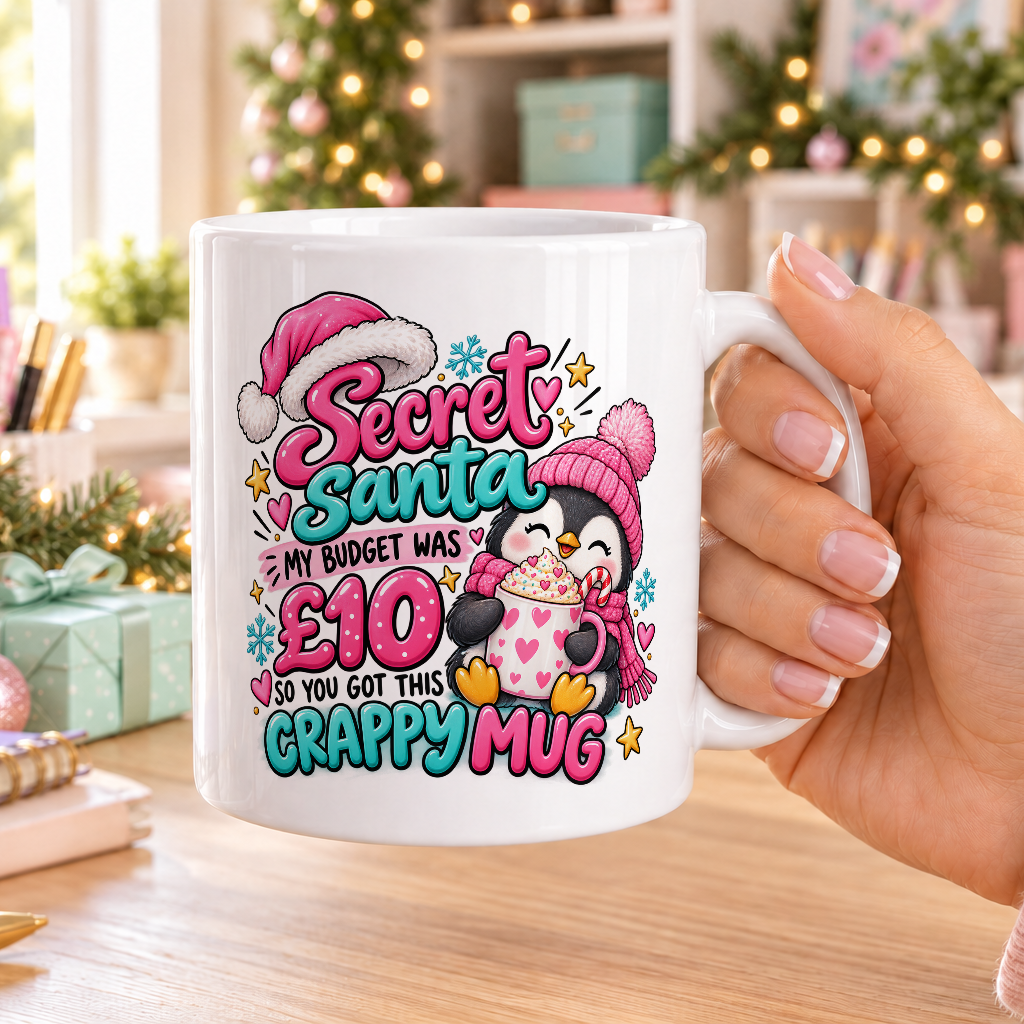 Penguin Secret Santa Crappy Mug – £10 Budget – plain white mug