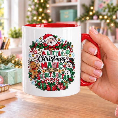 A Little Christmas Magic Secret Santa Mug – white mug with red handle and inside