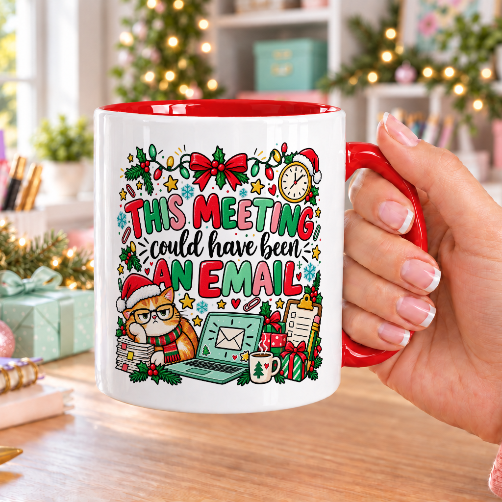This Meeting Could Have Been an Email Christmas Mug – white mug with red handle and inside