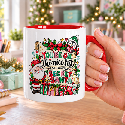 You’re on the Nice List Secret Santa Mug – white mug with red handle and inside