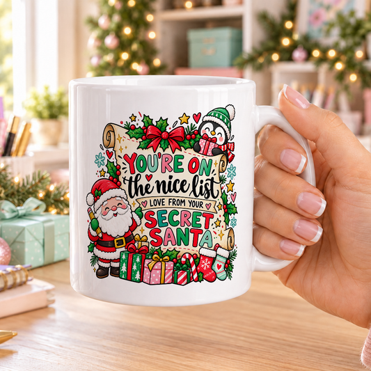 You’re on the Nice List Secret Santa Mug – plain white mug