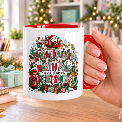 Special Delivery from the North Pole Secret Santa Mug – white mug with red handle and inside