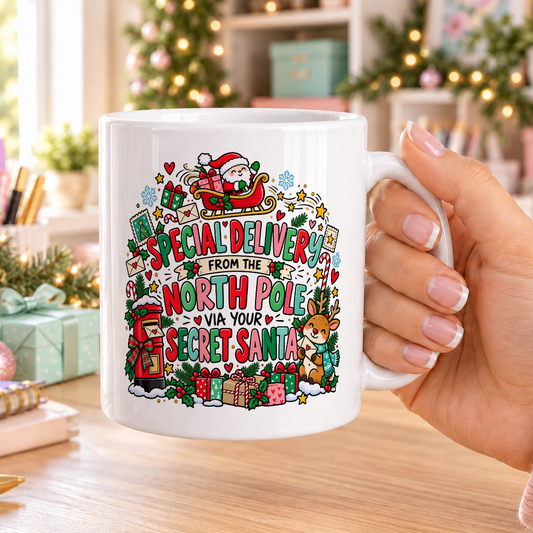 Special Delivery from the North Pole Secret Santa Mug – plain white mug