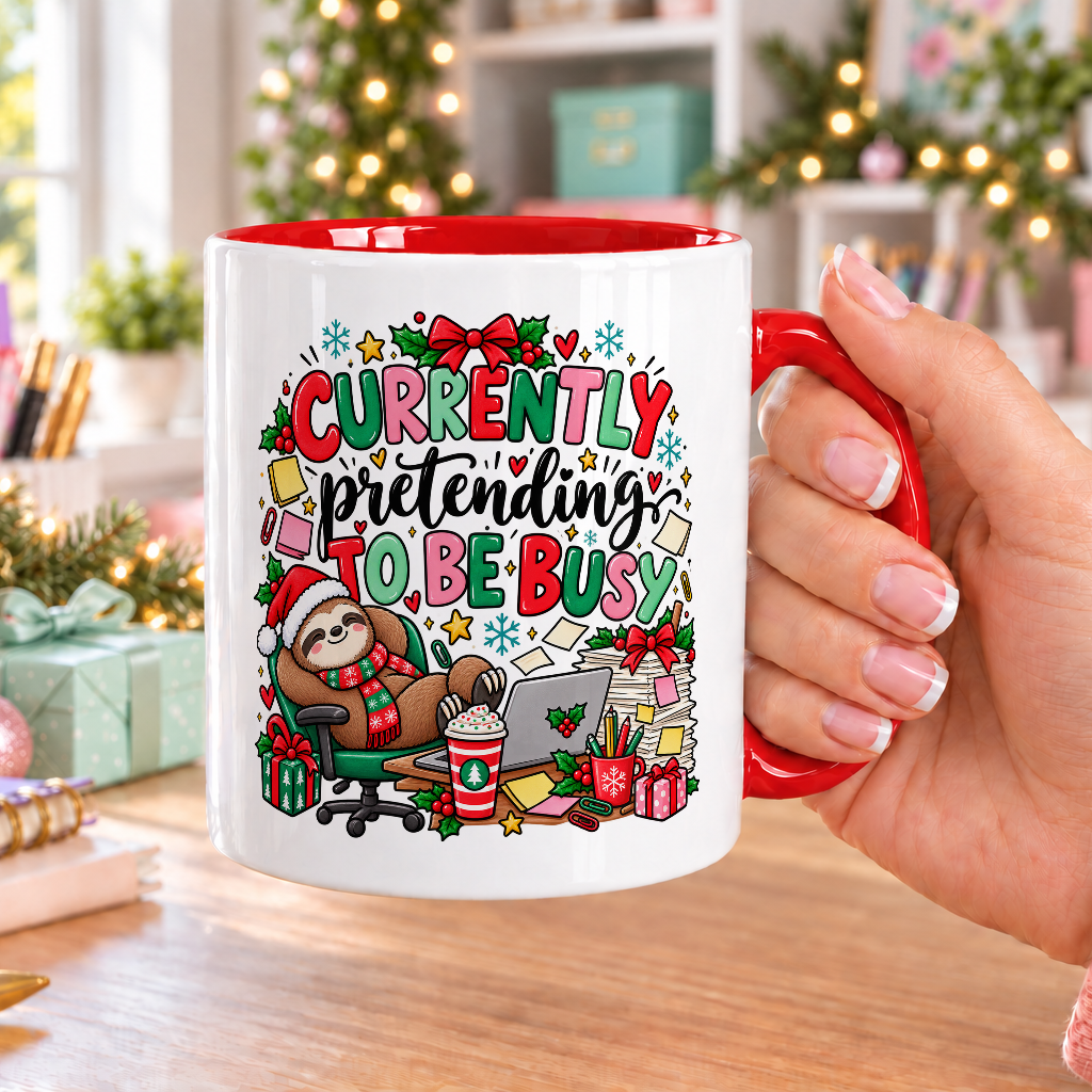 Currently Pretending to Be Busy Christmas Mug – white mug with red handle and inside