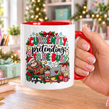 Currently Pretending to Be Busy Christmas Mug – white mug with red handle and inside