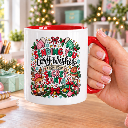 Sending You Cosy Wishes Secret Santa Mug – white mug with red handle and inside