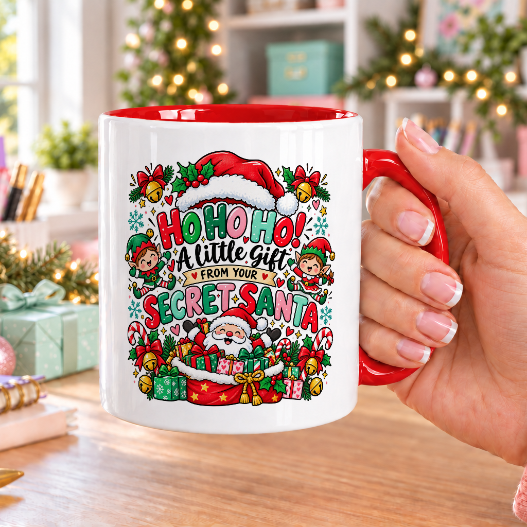 Ho Ho Ho! A Little Gift from Your Secret Santa Mug – white mug with red handle and inside