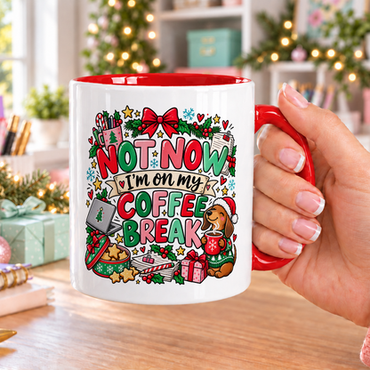 Not Now, I’m on My Coffee Break Christmas Mug – white mug with red handle and inside
