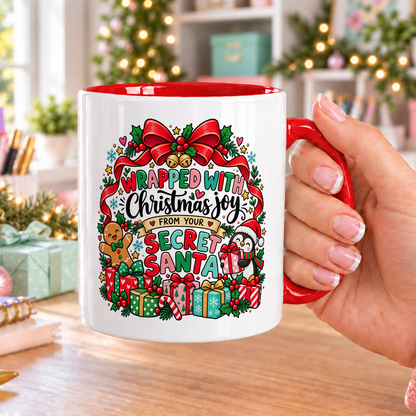 Wrapped with Christmas Joy Secret Santa Mug – white mug with red handle and inside