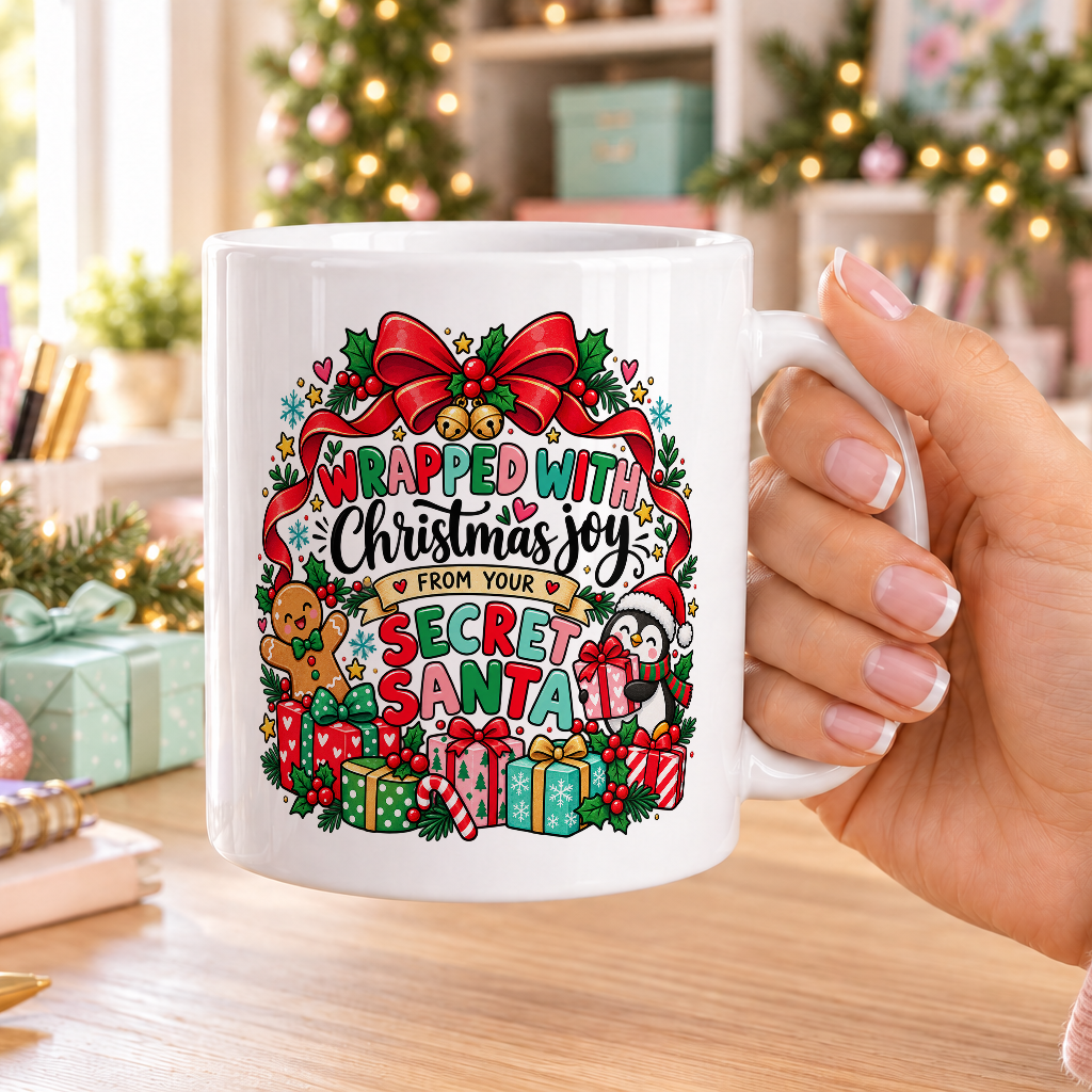 Wrapped with Christmas Joy Secret Santa Mug – plain white mug
