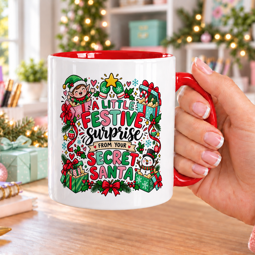 A Little Festive Surprise Secret Santa Mug – white mug with red handle and inside
