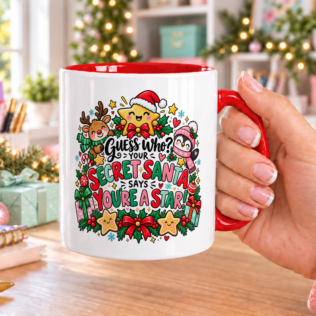 You’re a Star Secret Santa Christmas Mug – white mug with red handle and inside