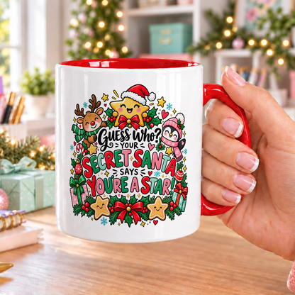 You’re a Star Secret Santa Christmas Mug – white mug with red handle and inside