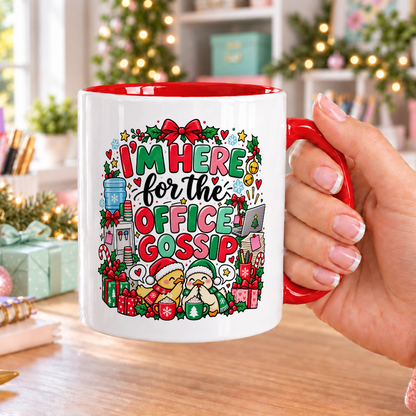 I’m Here for the Office Gossip Christmas Mug – white mug with red handle and inside