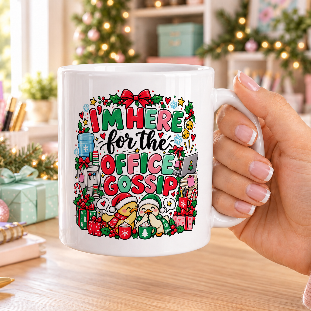 I’m Here for the Office Gossip Christmas Mug – plain white mug