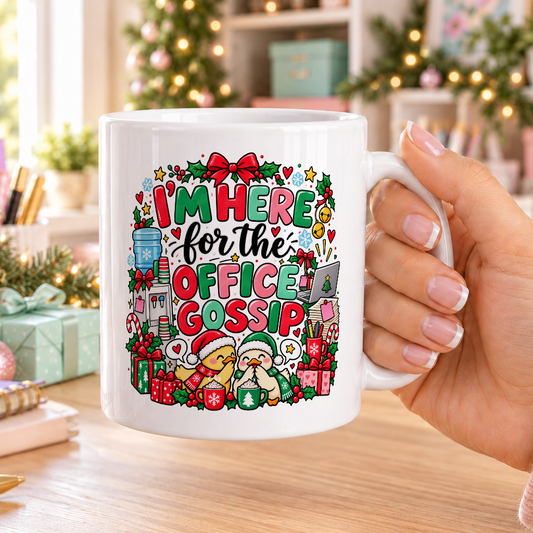 I’m Here for the Office Gossip Christmas Mug – plain white mug