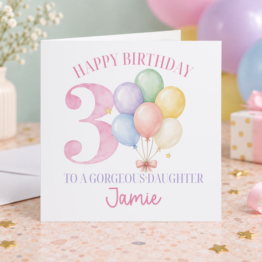 Pastel Balloon Birthday Card – Personalised Age & Name for Girls