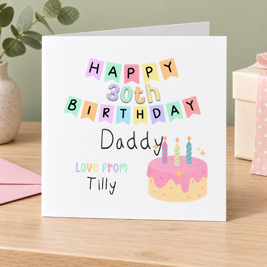 Pastel Bunting & Cake Personalised Birthday Card