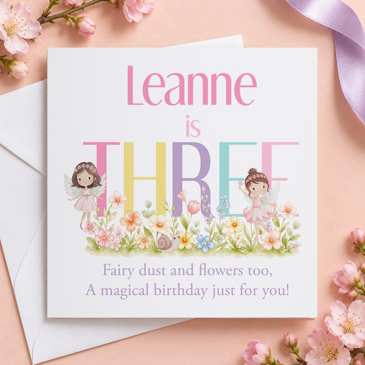 Pastel Fairy Birthday Card – Rainbow Lettering Design with Personalised Age & Name