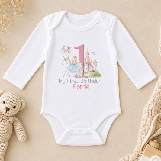 Personalised Pastel Unicorn First Birthday long sleeve vest