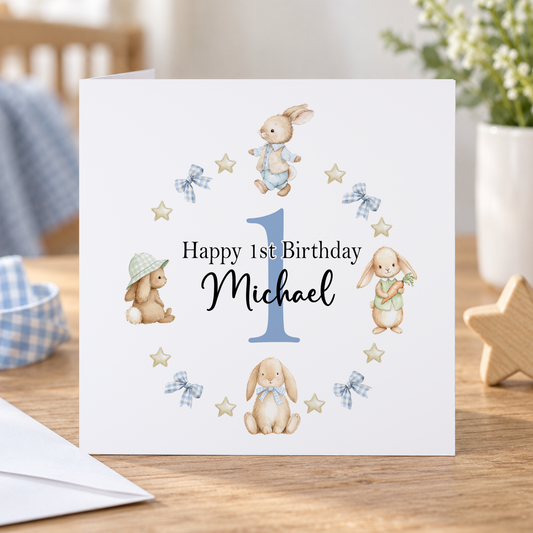 Personalised 1st Birthday Card – Blue Bunny Wreath Keepsake