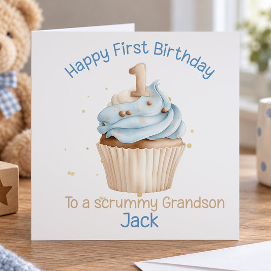 Personalised 1st Birthday Card - Blue Cupcake Keepsake Design