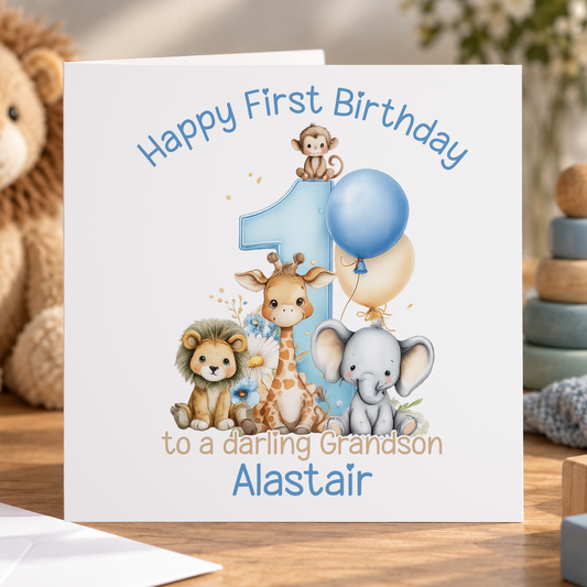 Personalised 1st Birthday Card - Blue Safari Animals Keepsake