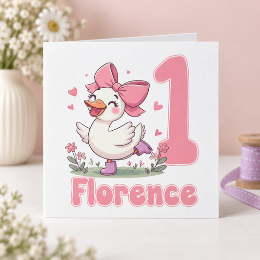 Personalised 1st Birthday Card for Baby Girls – Pink Duck Design – 6x6" Keepsake Card with Envelope