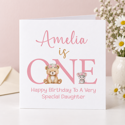 Personalised 1st Birthday Card for Daughter – Pink Teddy & Mouse ONE Design, 6x6