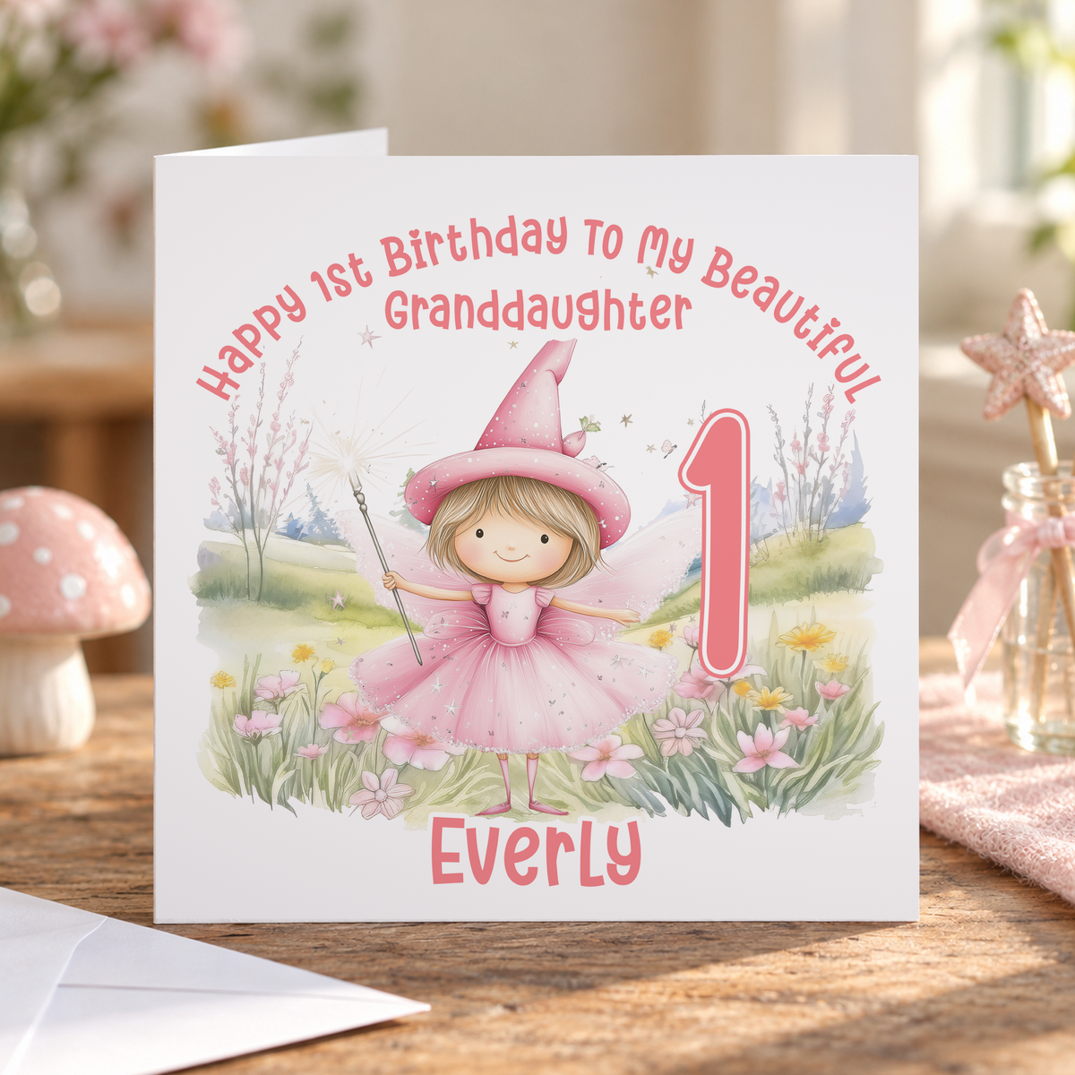 Personalised 1st Birthday Card for Goddaughter, Pink Fairy, Any Name & Relation, 6x6 Inch