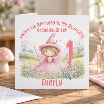 Personalised 1st Birthday Card for Goddaughter, Pink Fairy, Any Name & Relation, 6x6 Inch