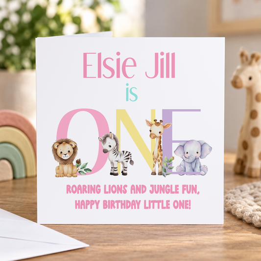 Personalised 1st Birthday Card - Pastel Jungle Animals Safari Design
