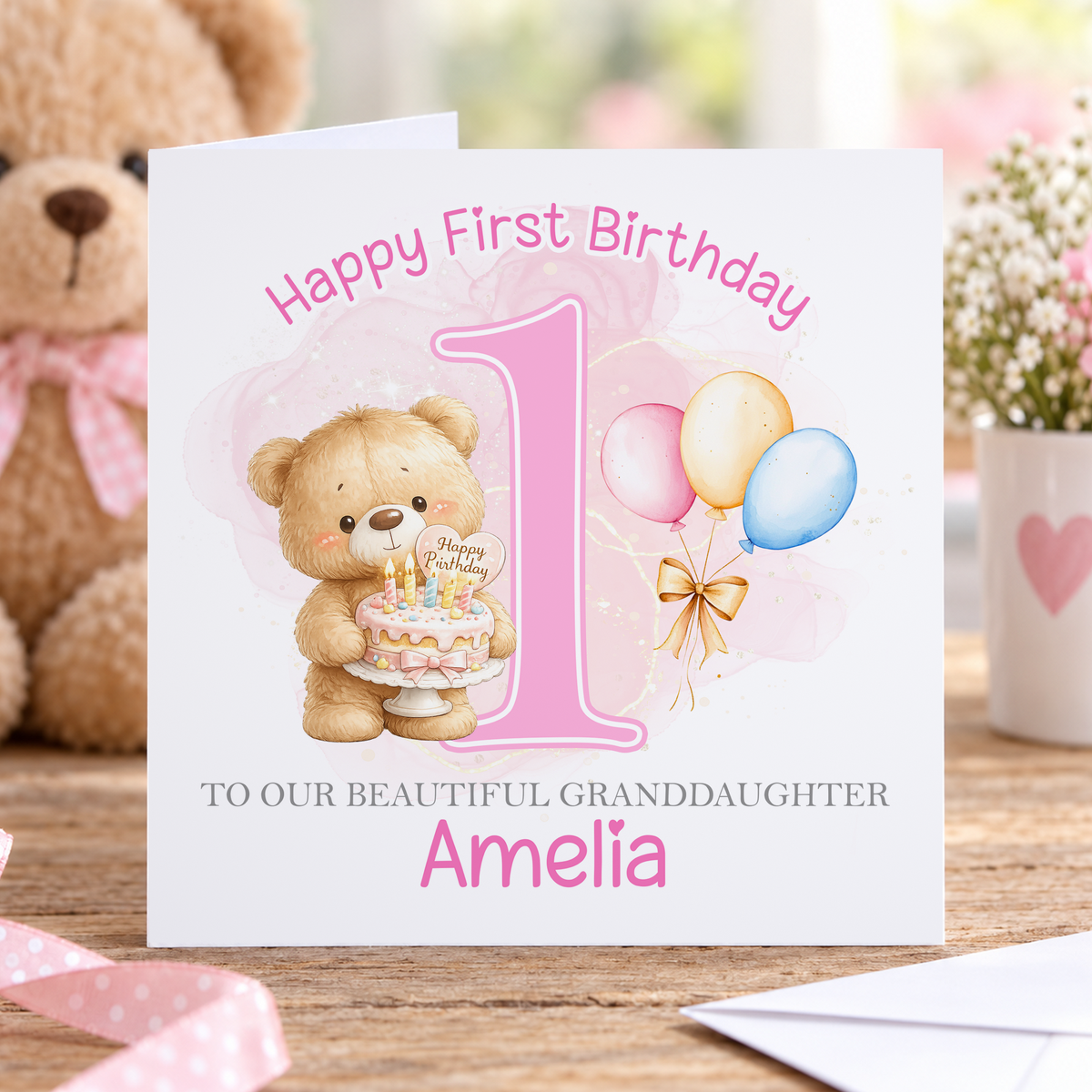 Personalised 1st Birthday Card — Pink Teddy Bear Keepsake for a Granddaughter