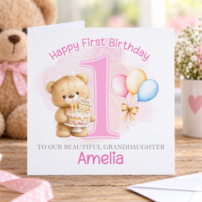 Personalised 1st Birthday Card — Pink Teddy Bear Keepsake for a Granddaughter