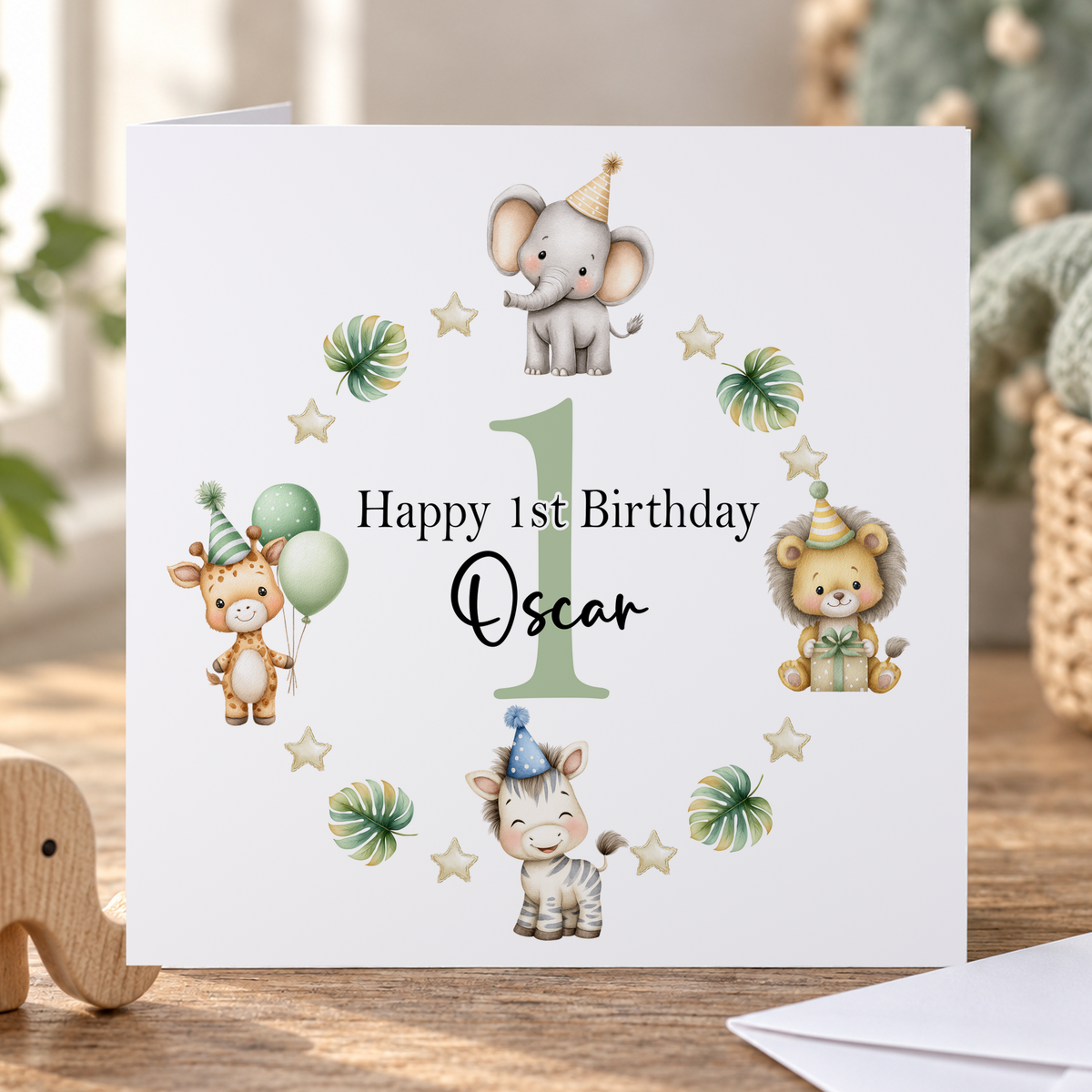 Personalised 1st Birthday Card – Safari Animal Wreath Keepsake