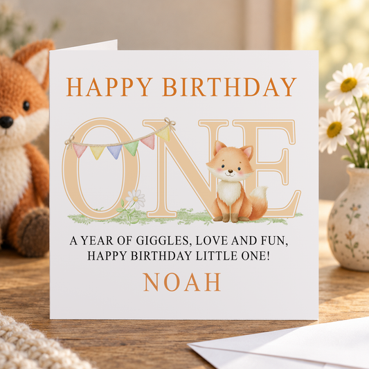 Personalised 1st Birthday Card – Woodland Fox Design, Baby Keepsake
