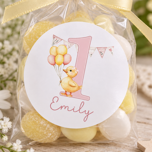 Personalised 1st Birthday Duck Stickers – Baby Girl Party Labels
